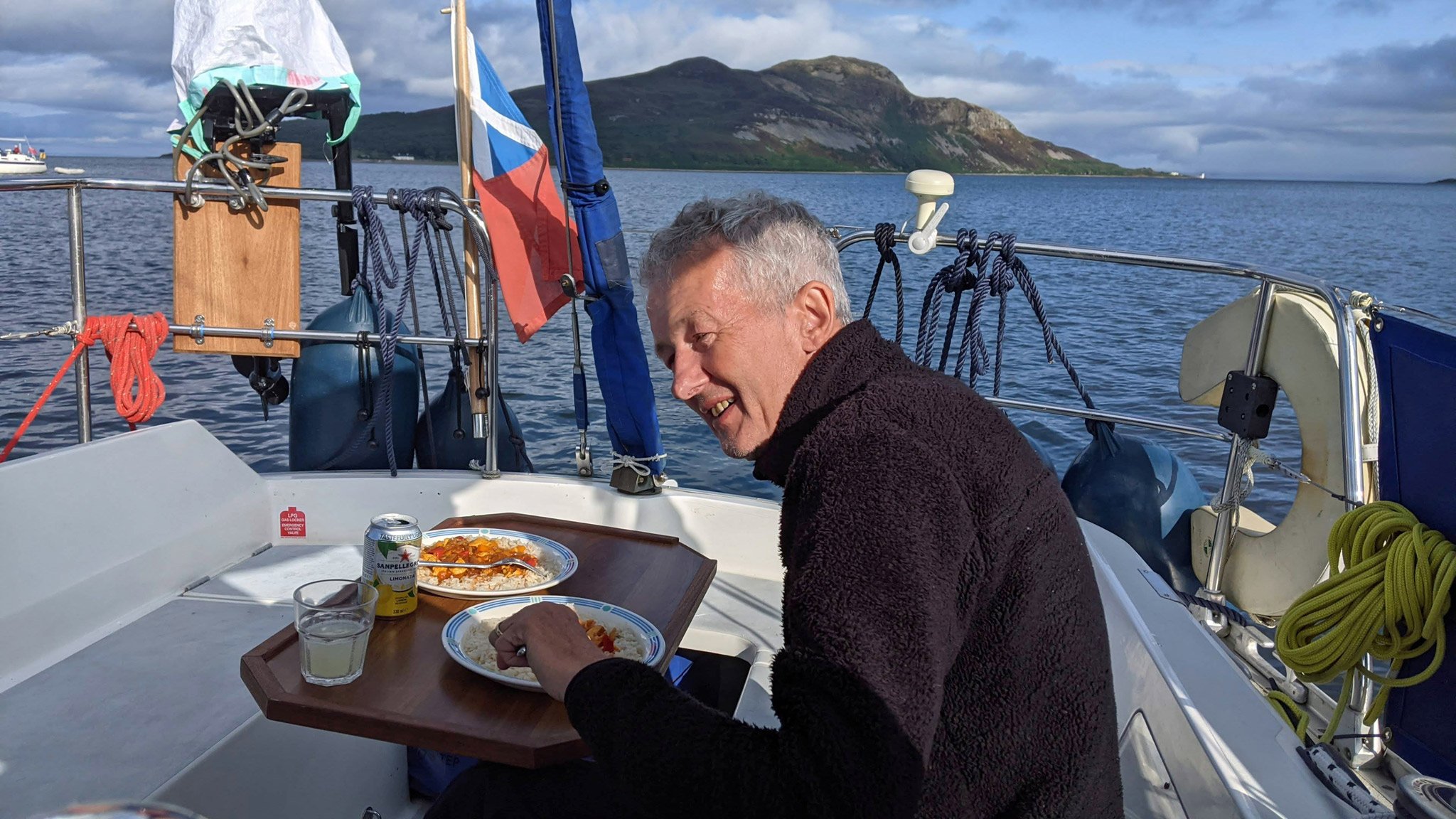Tea-on-the-deck,-Lamlash-Bay-and-Holy-Island